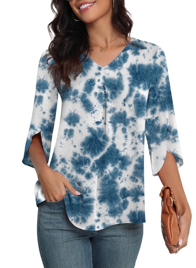 LAOLASI Womens Blouses Dressy Casual Chiffon Tops and Blouses V-Neck 3/4 Sleeve Blouse Tops Shirts for Work,Blue Tie dye,S - Image 3